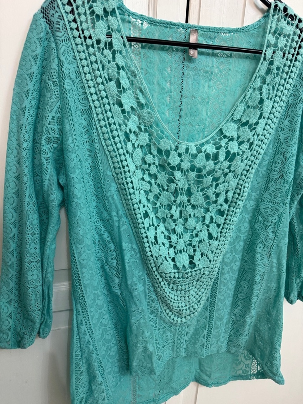 Cottagecore Teal Crochet Lace Scoop Neck Blouse. Size L. Festival summer - Picture 2 of 5